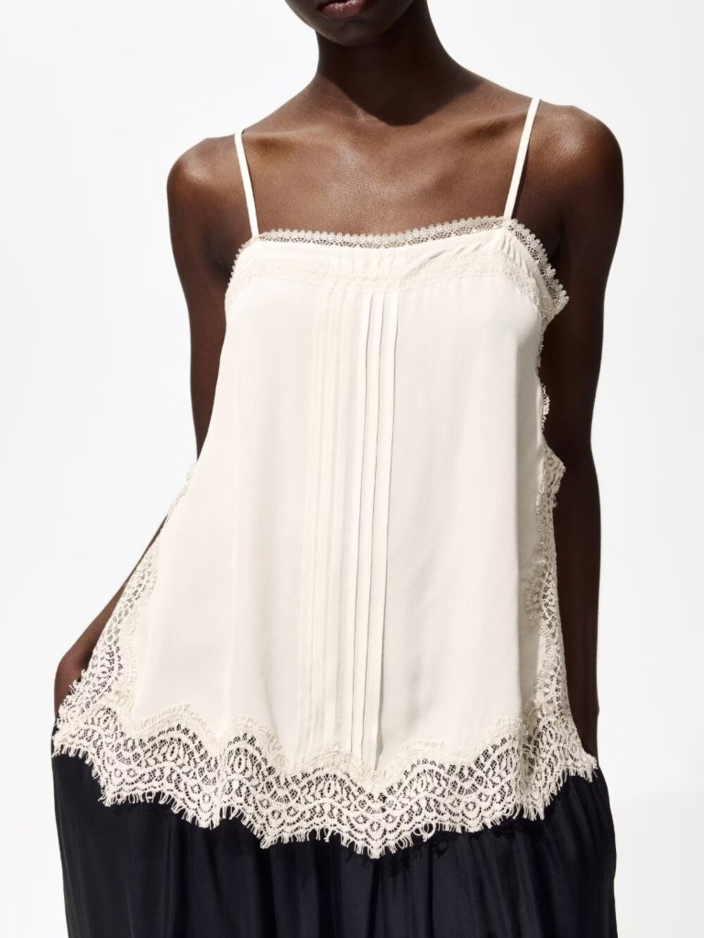 H&M Ivory Lace Trim Camisole Top XS Side Slit Romantic Boho Tank